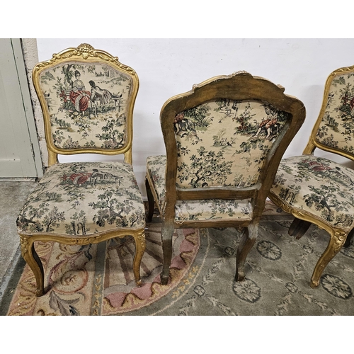 21 - Set of 4 early 20thC French carved gilt Salon Chairs, the decorative frames on cabriole legs, the ba... 