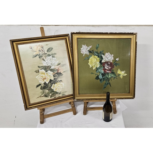 214 - 2 x early 20thC Floral Watercolours (1 on silk), still life's of colourful roses, in gilt frames, 56... 