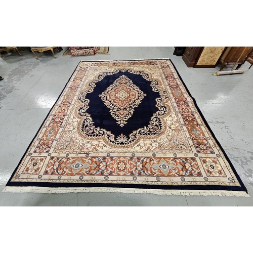 255 - Rich blue ground hand woven Persian Rug with a central diamond medallion, 3m x 2.4m