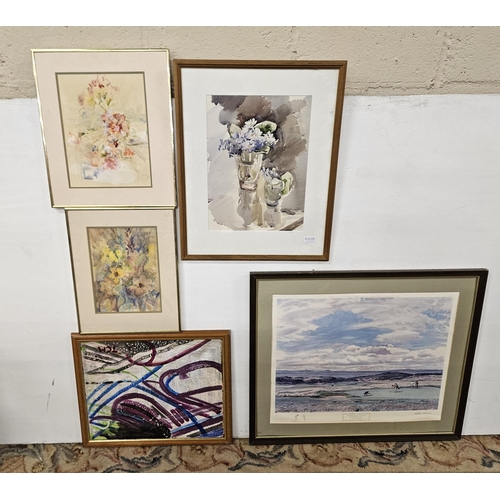 263 - 3 modern Watercolours - floral still life's, a Muirfield Golfing print & abstract oil (5)