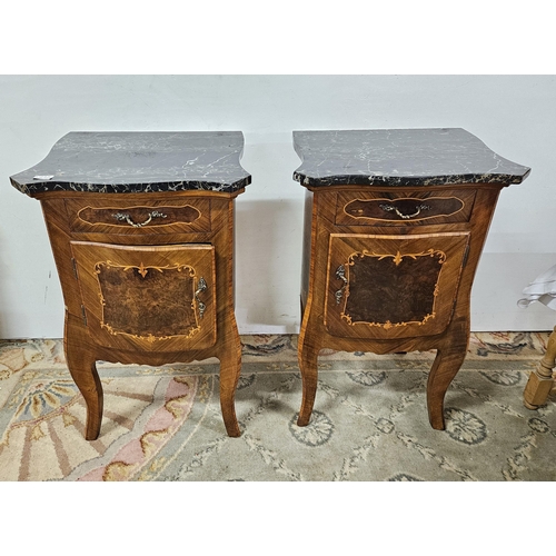 267 - Matching Pair of early 20thC French Marquetry Inlaid Bedside Cabinets, with black marble and veined ... 