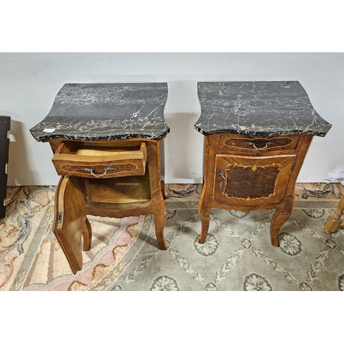 267 - Matching Pair of early 20thC French Marquetry Inlaid Bedside Cabinets, with black marble and veined ... 