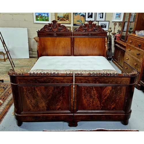 270 - Fine 19thC French Mahogany Bed Frame, nicely feathered mahogany and decoratively carved mouldings th... 