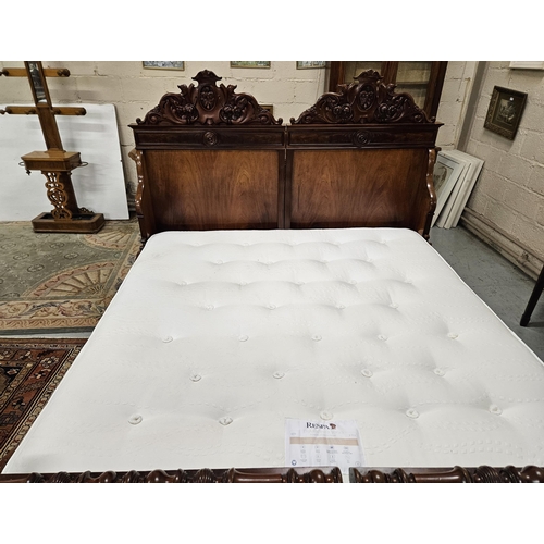 270 - Fine 19thC French Mahogany Bed Frame, nicely feathered mahogany and decoratively carved mouldings th... 