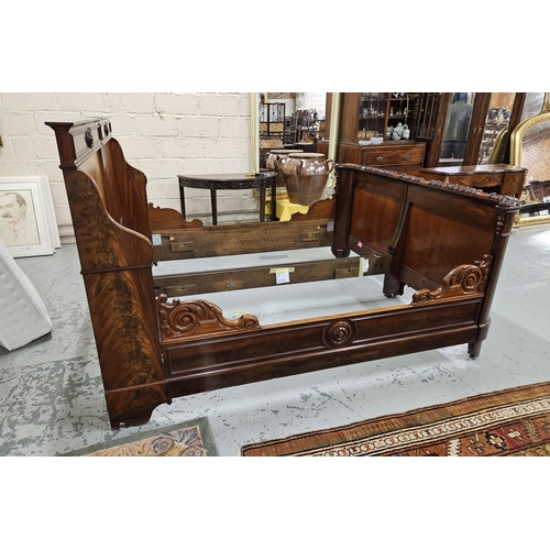 270 - Fine 19thC French Mahogany Bed Frame, nicely feathered mahogany and decoratively carved mouldings th... 