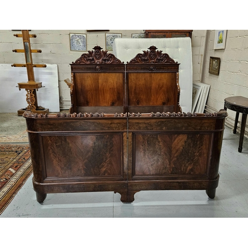 270 - Fine 19thC French Mahogany Bed Frame, nicely feathered mahogany and decoratively carved mouldings th... 