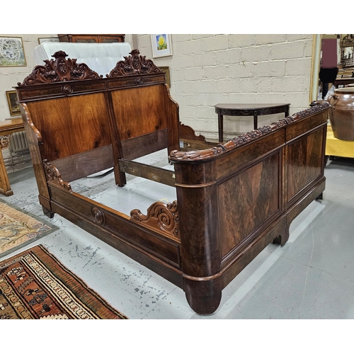 270 - Fine 19thC French Mahogany Bed Frame, nicely feathered mahogany and decoratively carved mouldings th... 