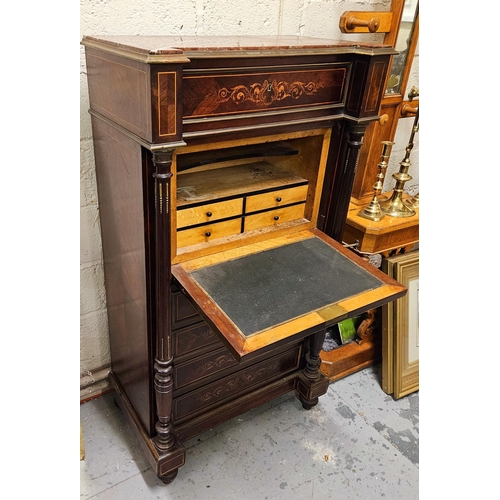 278 - Late 19thC French Escritoire, the finely feather figured rosewood cabinet having a red veined marble... 