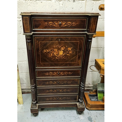 278 - Late 19thC French Escritoire, the finely feather figured rosewood cabinet having a red veined marble... 