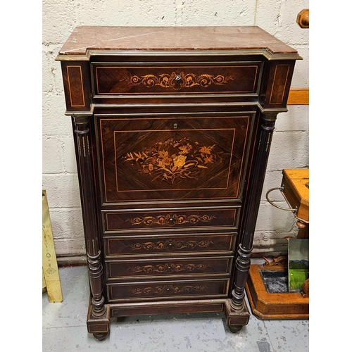 278 - Late 19thC French Escritoire, the finely feather figured rosewood cabinet having a red veined marble... 