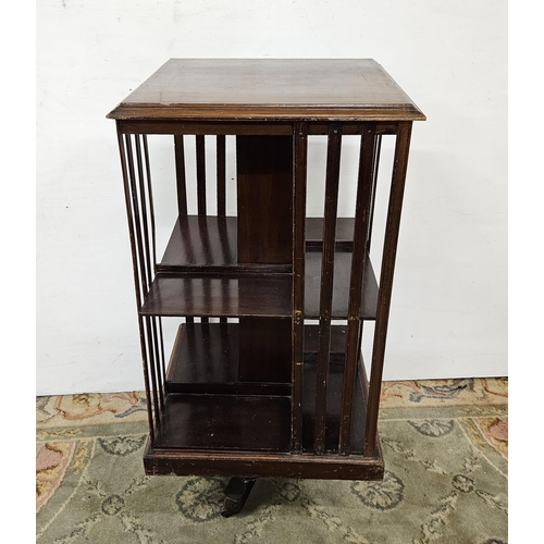 287 - Mahogany Revolving Bookcase, square shaped and line inlaid, interior shelving, 52cm sq, 103cmH, on c... 