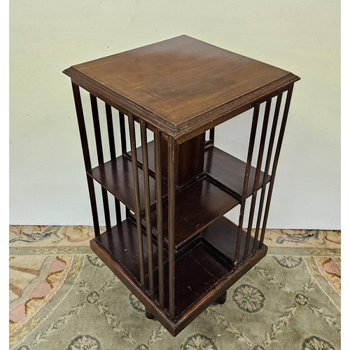 287 - Mahogany Revolving Bookcase, square shaped and line inlaid, interior shelving, 52cm sq, 103cmH, on c... 