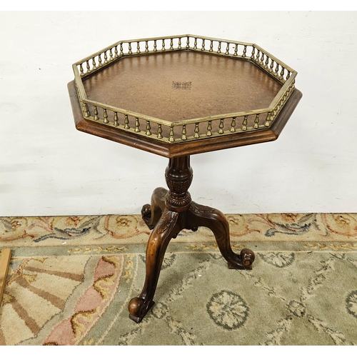 30 - Tooled brown leather topped Occasional / Lamp Table, with a raised brass gallery to the octagonal sh... 