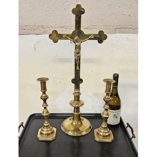 355 - Tall Cast Brass Crucifix 62cmH and a pair of matching Brass Candlesticks (weighted), all polished (3... 