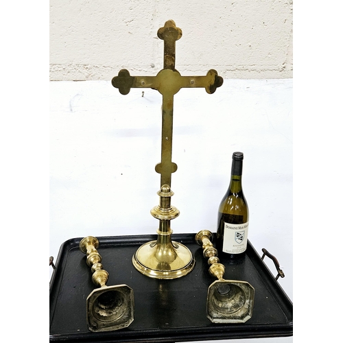 355 - Tall Cast Brass Crucifix 62cmH and a pair of matching Brass Candlesticks (weighted), all polished (3... 