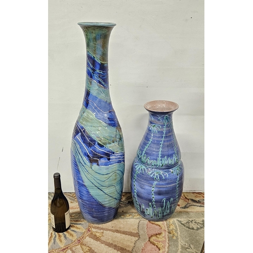 356 - 2 blue and green Caribbean glazed terracotta Vases - 1 bottle neck design 90cmH & 1 bulbous 58cmH, c... 