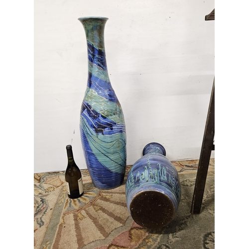 356 - 2 blue and green Caribbean glazed terracotta Vases - 1 bottle neck design 90cmH & 1 bulbous 58cmH, c... 