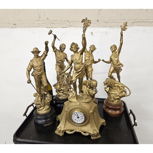 368 - 2 Pairs of Vintage metal table figures with lions, a Mantle Clock mounted with female sea god & a pa... 