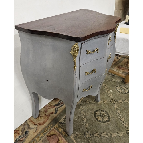 38 - Blue Painted Chest of 3 Drawers, a mahogany colour top over the serpentine shaped body, gilt handles... 