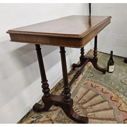 42 - 19thC polished Mahogany Side Table, on 4 turned and reeded legs with a similar stretcher, 4 splayed ... 