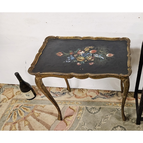 43 - Vintage lacquered top Lamp table, nicely painted with a colourful floral spray, cabriole legs 58cmH