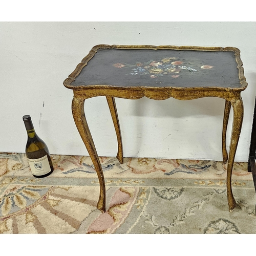 43 - Vintage lacquered top Lamp table, nicely painted with a colourful floral spray, cabriole legs 58cmH