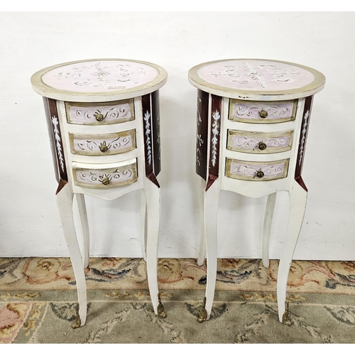 45 - Matching Pair of French Painted Bedside/Side Tables with 3 drawers, circular shaped, on cabriole leg... 