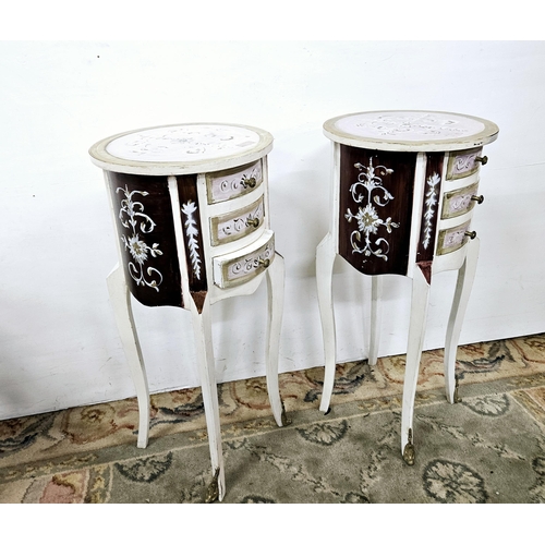 45 - Matching Pair of French Painted Bedside/Side Tables with 3 drawers, circular shaped, on cabriole leg... 