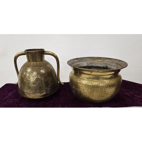 451 - Beaten Brass Plant Pot & 2-handled Benares Brass Urn, 22cmH (2)