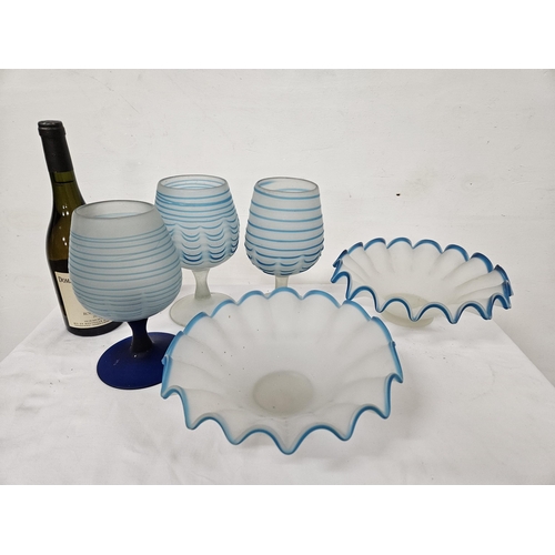 455 - Group of blue bordered glass items - 3 large goblets & pair of shell dishes (5)