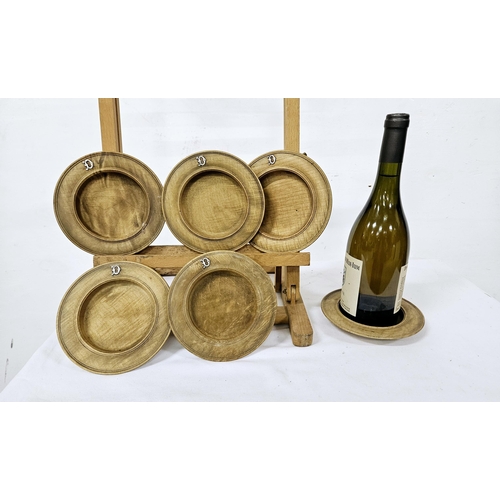 458 - Set of 6 wooden bottle/glass coasters, all initialled with a silver plated 