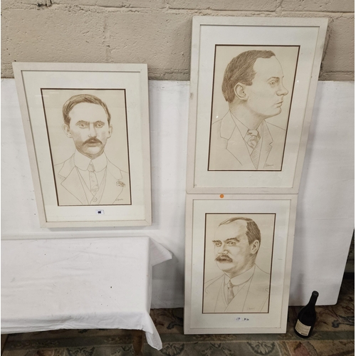 468 - Set of 5 Drawings - Portraits of Irish Republican Leaders, by V Crowley, in contemporary white frame... 