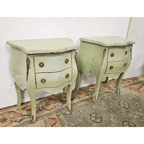 48 - Matching Pair of green painted 2-Drawer Commodes/Bedside Chests, with gold highlights, on sabre legs... 