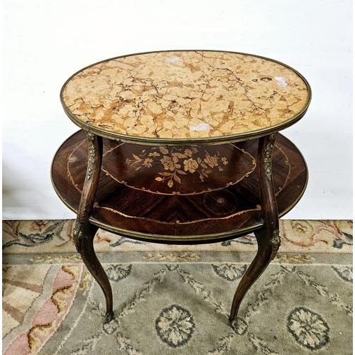 49 - 19thC French 2-Tier Etagere, graduating oval shaped, the beige veined marble top over a marquetry in... 