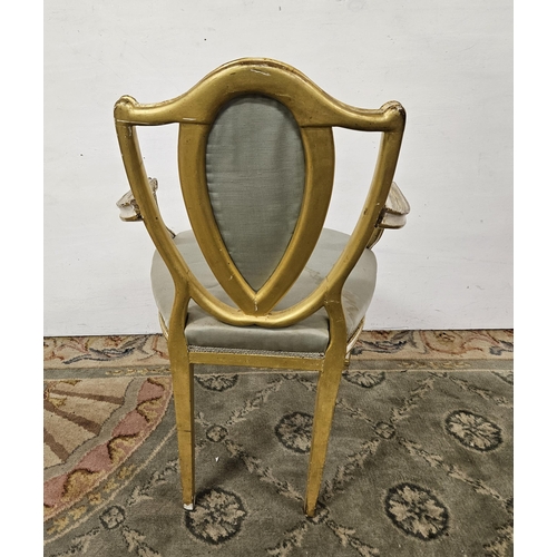 5 - Hepplewhite Carver Chair, painted white, with parcel gold decor, on reeded front legs, green fabric ... 