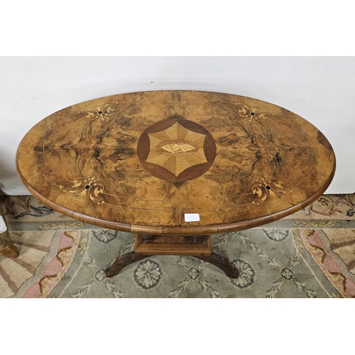 50 - Vintage Occasional Table - the oval shaped and nicely inlaid top over a 4 pillar body, on 4 feet, 98... 