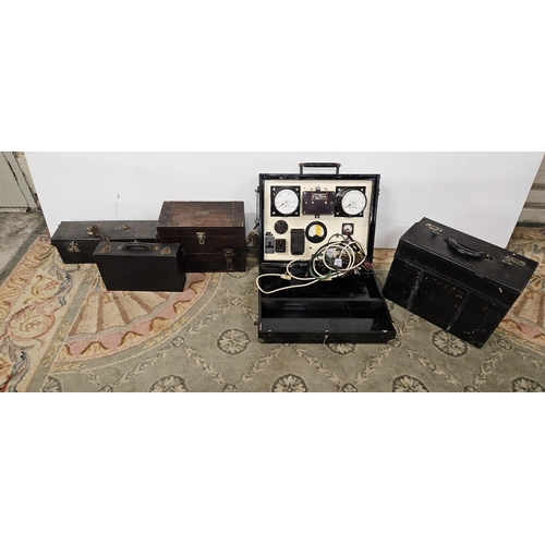 506 - 1980's Doctor's equipment - leather Bag (combination lock), 2 electrical devices, wooden box (5)