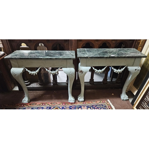 62 - Matching Pair of Vintage Pine Console Tables, painted blue, on ball and claw front feet, with green ... 