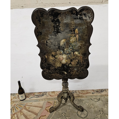 66 - 19thC Tilt-Top Lacquered Table, the (worn) top formerly painted with birds and flowers, on a tripod ... 