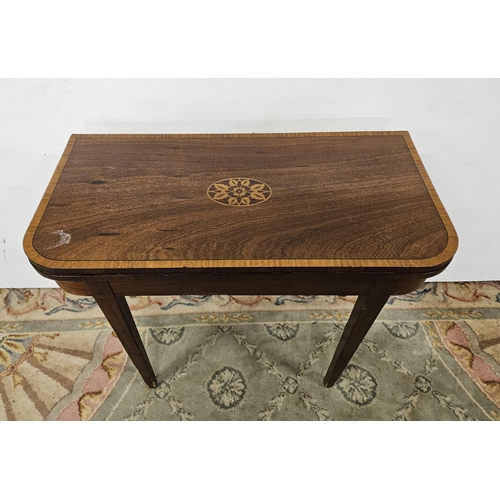 67 - Foldover Mahogany Card Table, the top cross-banded with satinwood, opening to a green baize interior... 