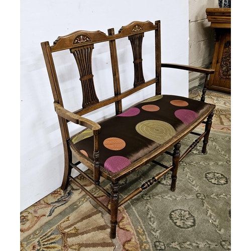 7 - Edw. Inlaid Mahogany Framed Settee, double splat back design, contemporary seat fabric, 1.12mW