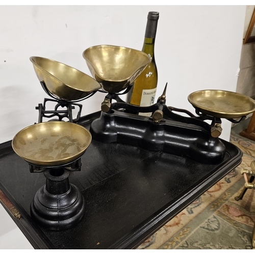 80 - Two black metal Weighing Scales with brass pans - 1 vintage era with good brass mounts