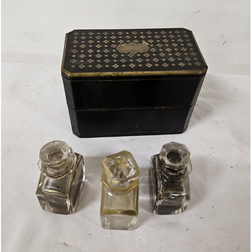 83 - 19thC small French Perfume Set, with original glass bottles inside a brass inlaid box, 14cmW x 8cmD ... 