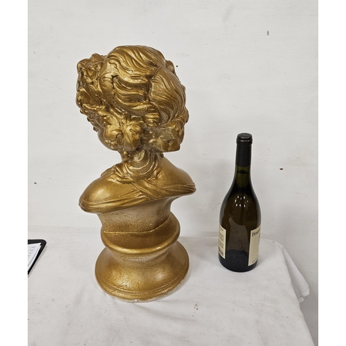 92 - Plaster Bust of a Regency Female's Head, with period hair dressing, painted gold, 48cmH