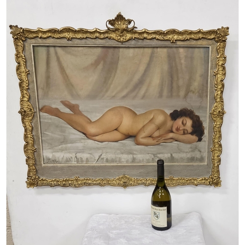 211 - French Oil on Canvas  Reclining Nude  in a painted mount and ornately shaped decorative gilt frame... 