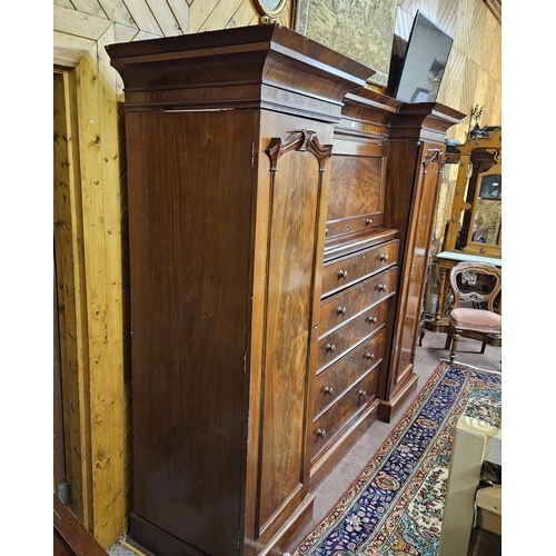 271 - Fine Large 19thC Mahogany Compactium Wardrobe, with a hanging robe closet on either end and a chest ... 