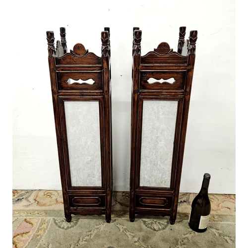 285 - Pair of Tall Candle Lanterns, in carved timber frames, with frosted glass, 90cmH x 22cm square (2)