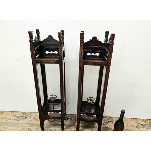 285 - Pair of Tall Candle Lanterns, in carved timber frames, with frosted glass, 90cmH x 22cm square (2)