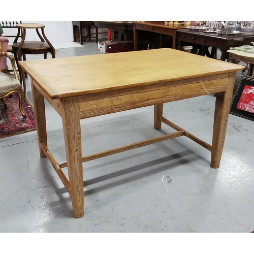 31 - 19thC Irish Pine Kitchen Table, restored, dowelled stretcher base, tapered legs, 1.26cmW x 0.83 D x ... 