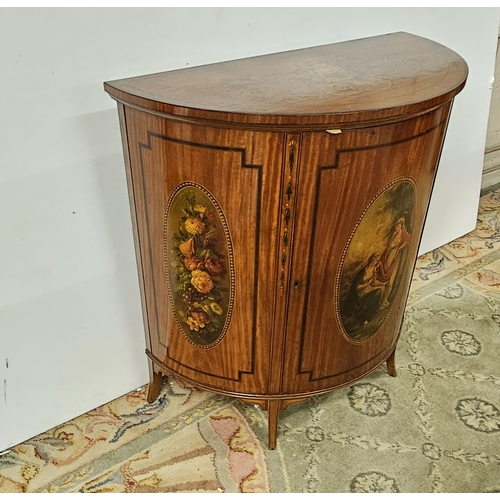 321 - Fine Quality 19thC Satinwood Cabinet, bow-front shaped, beautifully decorated with polychrome and ha... 